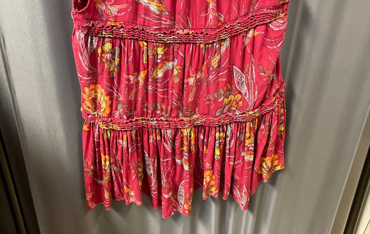 Free People Women's Red Floral Hummingbird Print Tiered Smocked Top Size M
