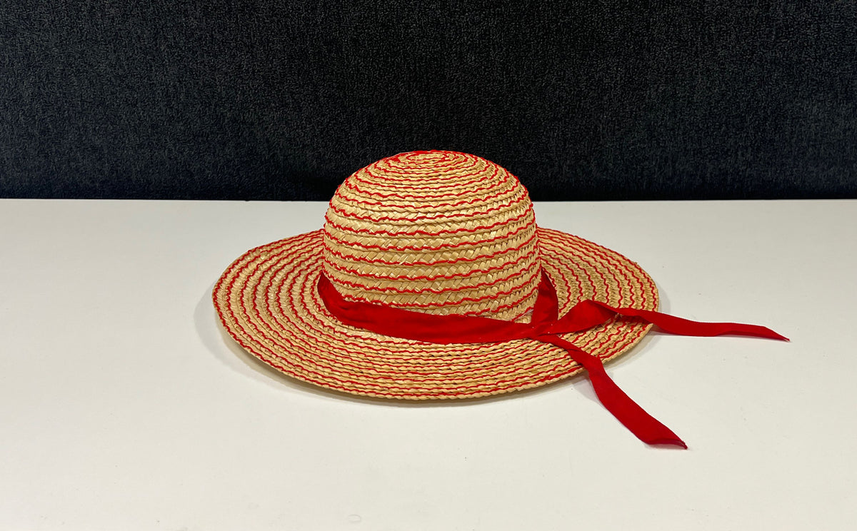Vintage 80s Woven Straw Sun Hat Red Stitched Detail Wide Brim Ribbon Sz OS