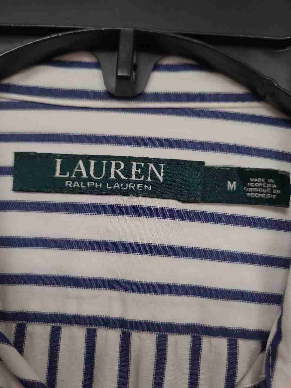 Lauren Ralph Lauren Women's White Blue Striped Button Up Pocket Shirt Sz M