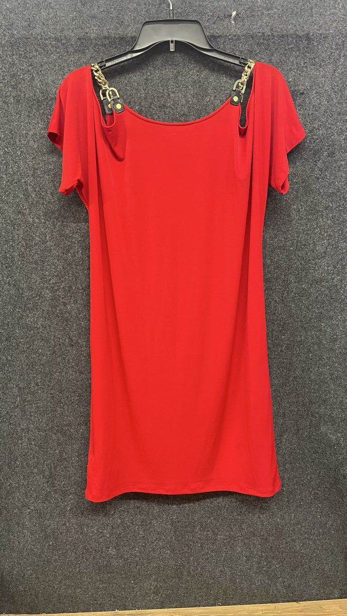 Michael Kors Women's Red Cold Shoulder Gold Chain Detail Dress Size M