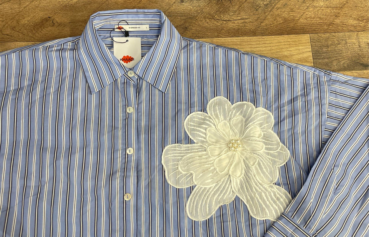 Khaadi Women's Blue White Striped Floral Applique Oversized Shirt NWT Size L