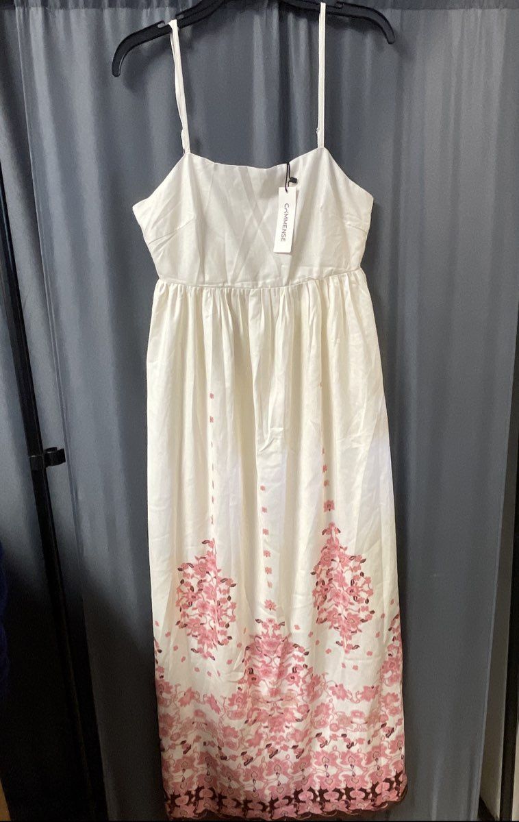 Commense Women's Cream Pink Floral Border Maxi Dress Spaghetti Strap NWT Sz S