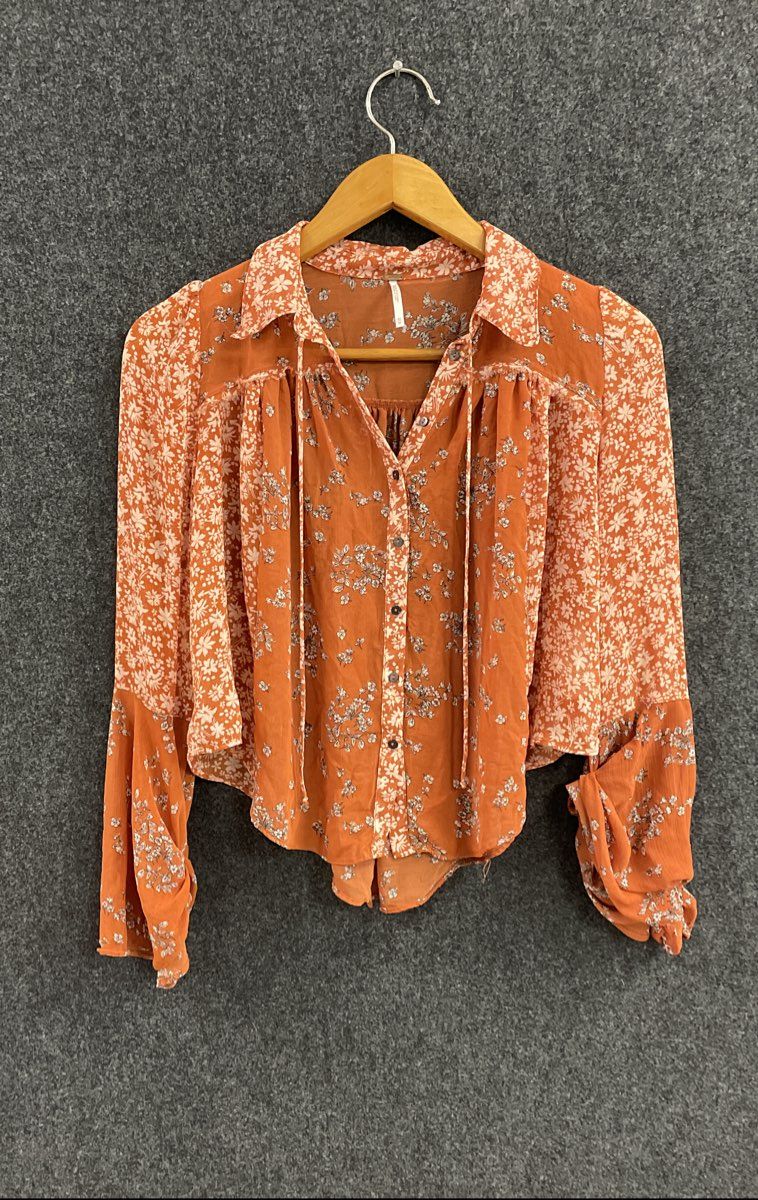 Free People Women's Orange Terracotta Mixed Floral Button Down Blouse Sz XS