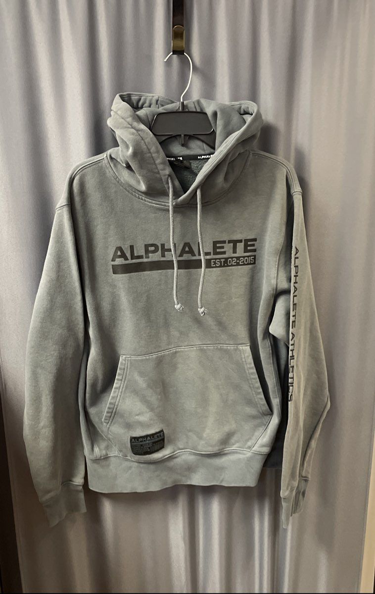 Alphalete Men's Blue Gray Pullover Gym Hoodie Graphic Barcode Sleeve Sz S