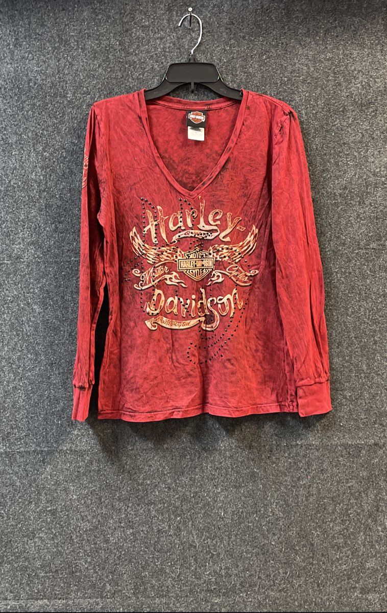 Harley-Davidson The Woodlands Texas V-Neck Long Sleeve Studded Red Shirt Sz L