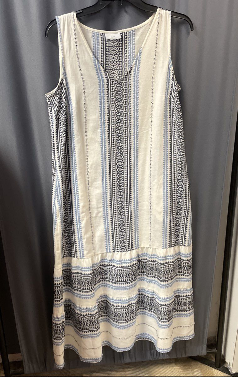 J. Jill Women's White Blue Geometric Sleeveless Tiered Sheath Dress Size MP