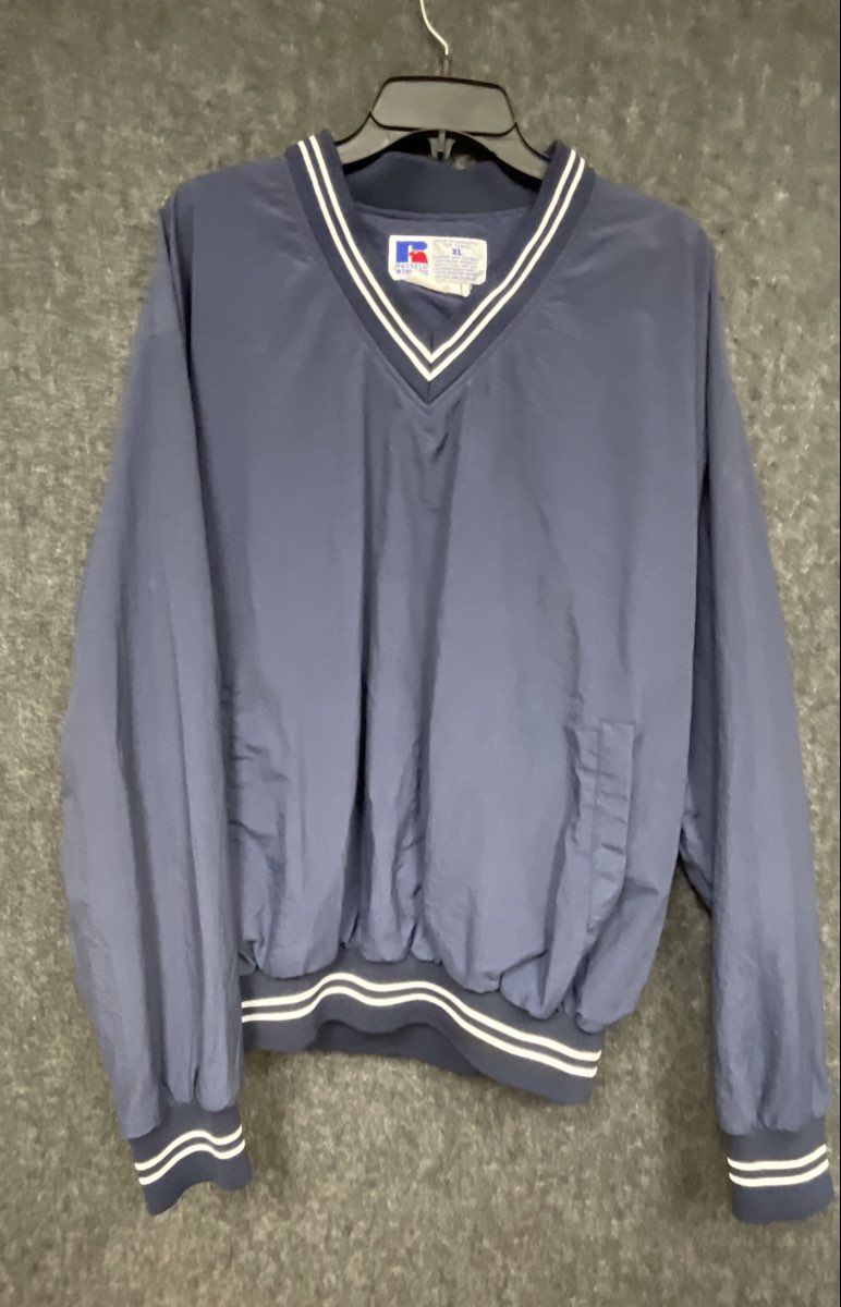 Vintage 90s Russell Athletic V-Neck Windbreaker Striped Pullover Top Sz XL