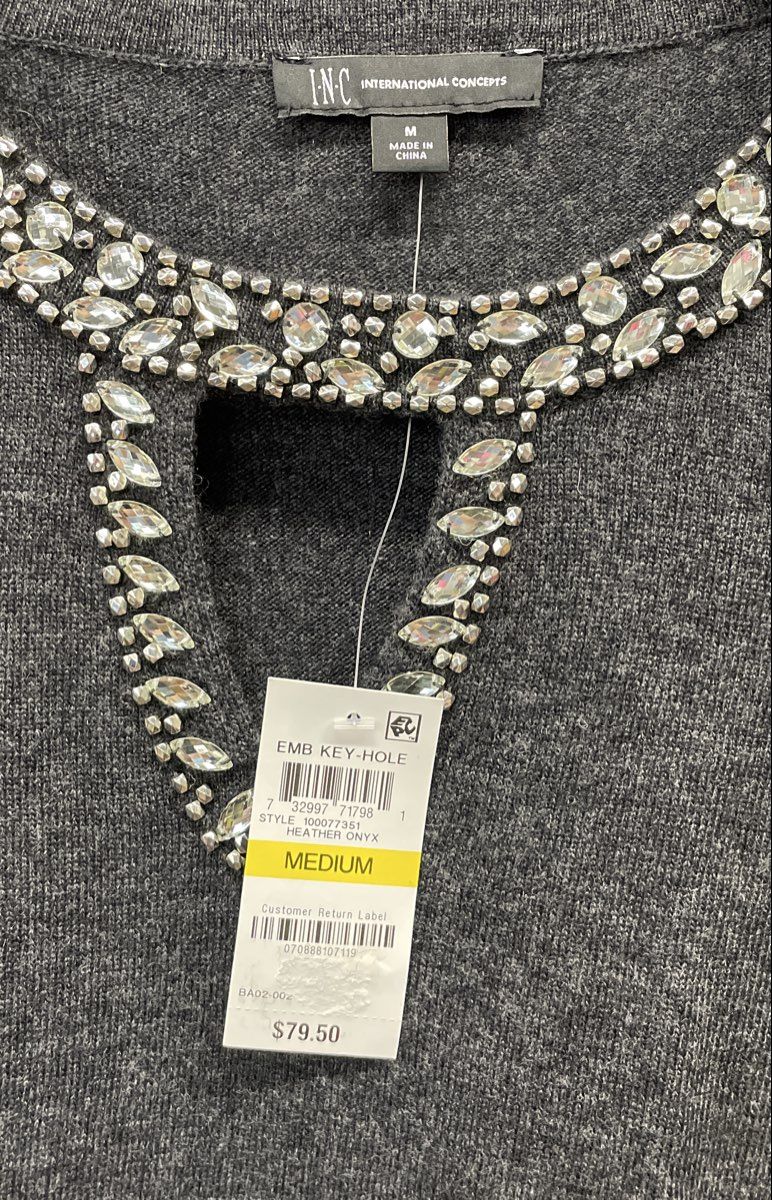 INC International Concepts Women's Embellished Keyhole Sweater Gray M NWT