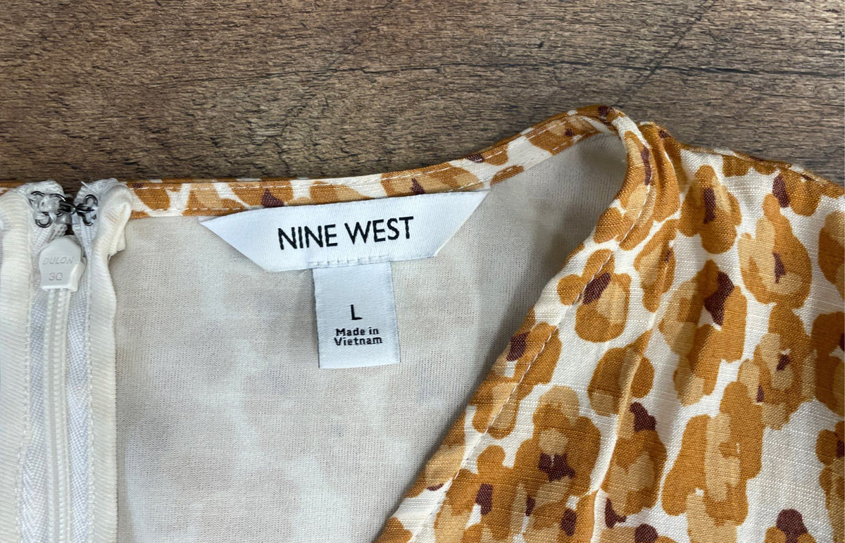 Nine West Women's Belted Dress Tan Leopard Print Short Puff Sleeve Size L