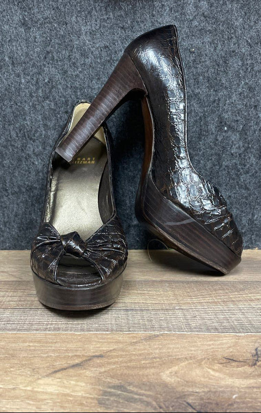 Stuart Weitzman Brown Croc Embossed Knotted Peep Toe Platform Heels Size 5