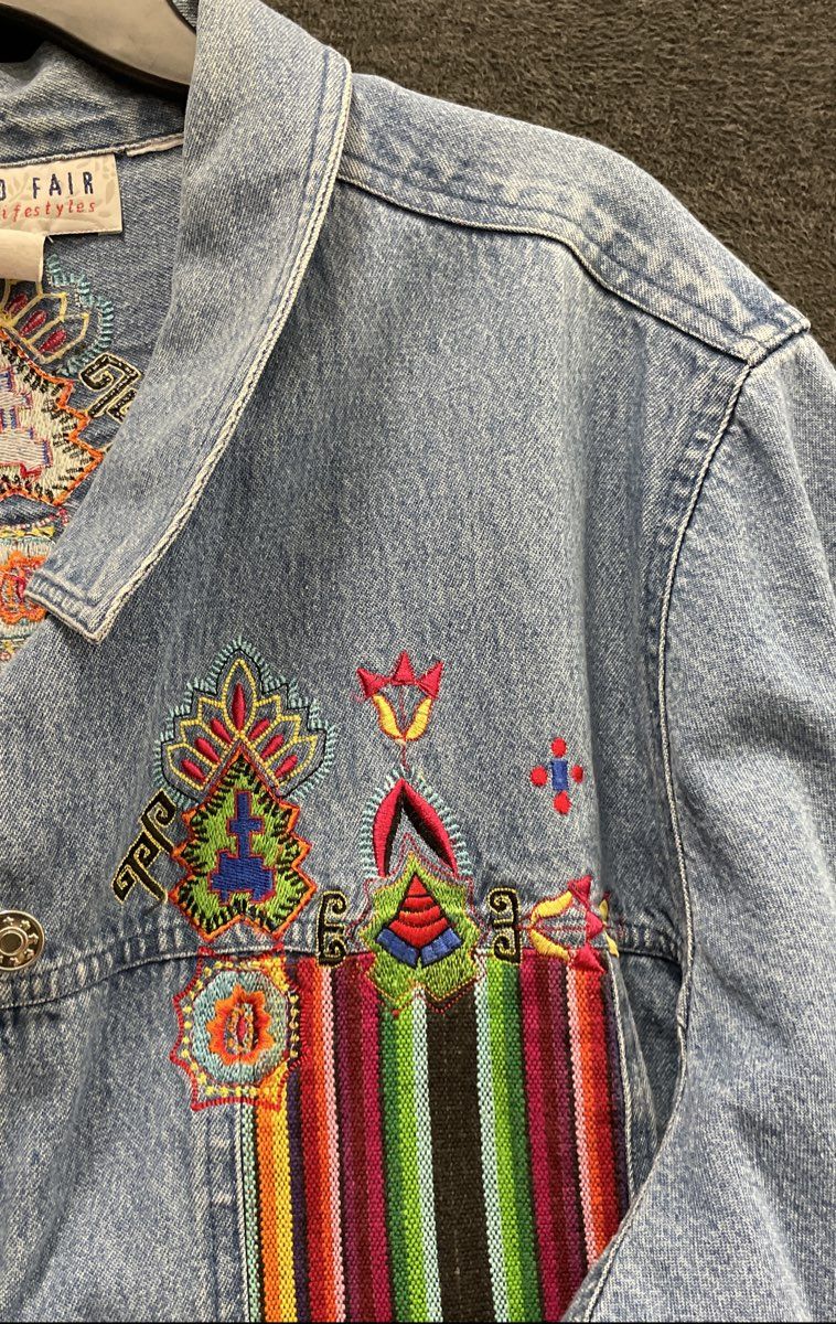 Bedford Fair Women's Vintage Y2K Blue Embroidered Denim Jacket Boho Striped 2X