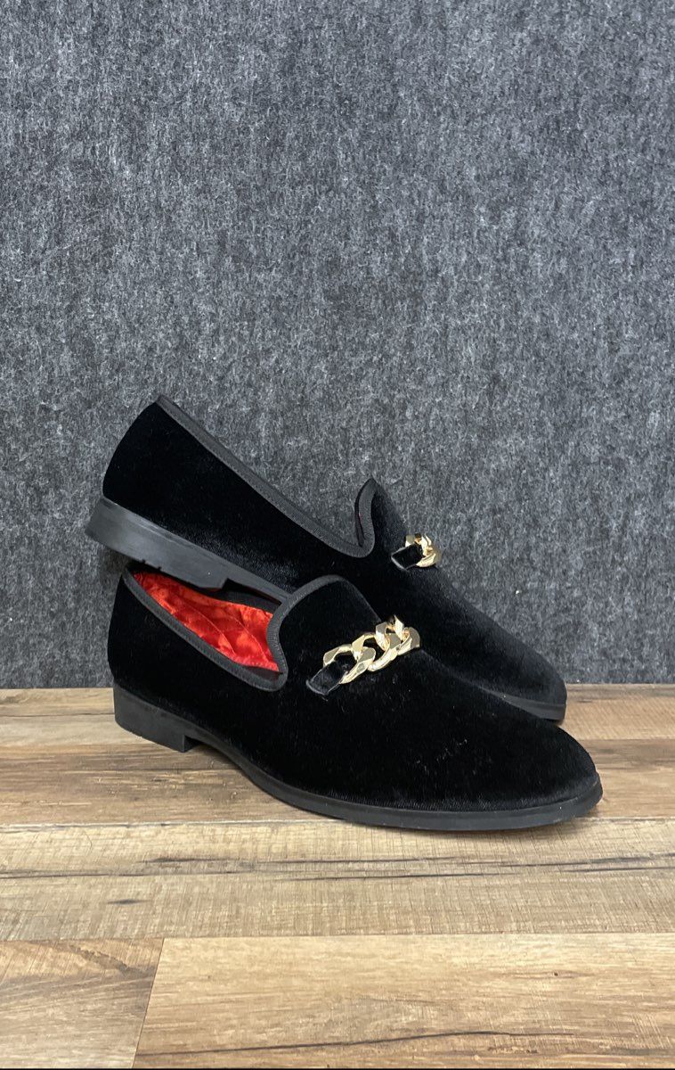 FOEVTRUE Black Velvet Gold Chain Slip-On Loafers Dress Shoes Size 44 US 10.5-11