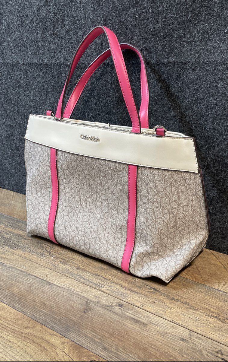 Calvin Klein White & Pink Monogram Canvas Satchel Shoulder Bag Purse