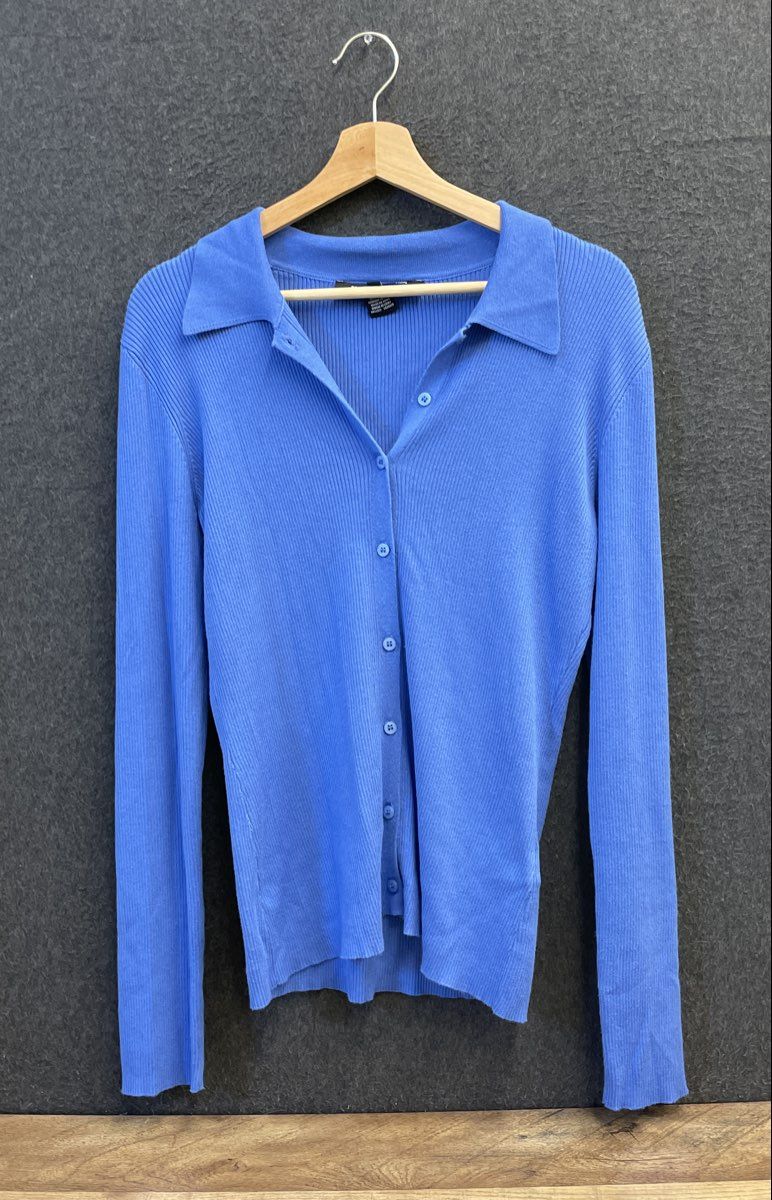 French Connection Women's Blue Ribbed Knit Polo Collar Sweater Cardigan Sz L