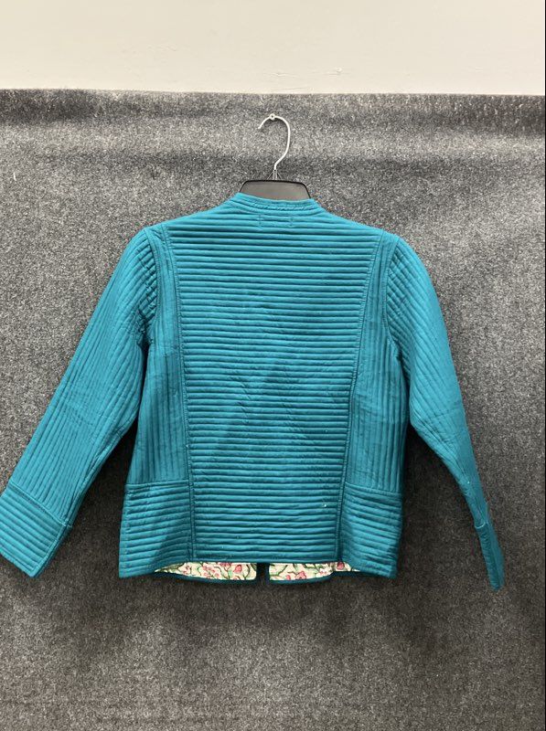 Fabindia Women's Teal Cotton Quilted Tailored Jacket Floral Print Liner Sz S NWT