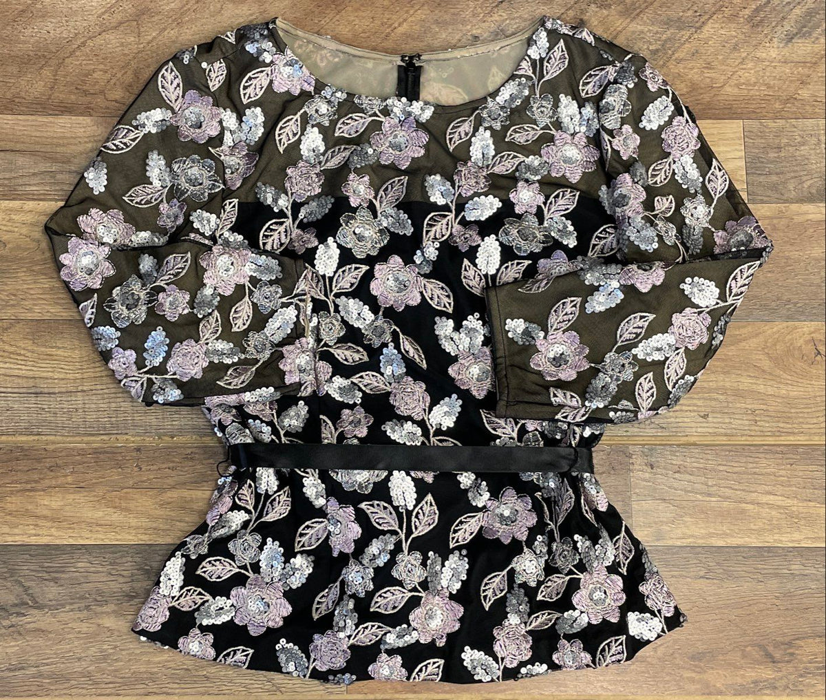 Alex Evenings Women's Sequined Embroidered Floral Mesh 3/4 Sleeve Top Sz L