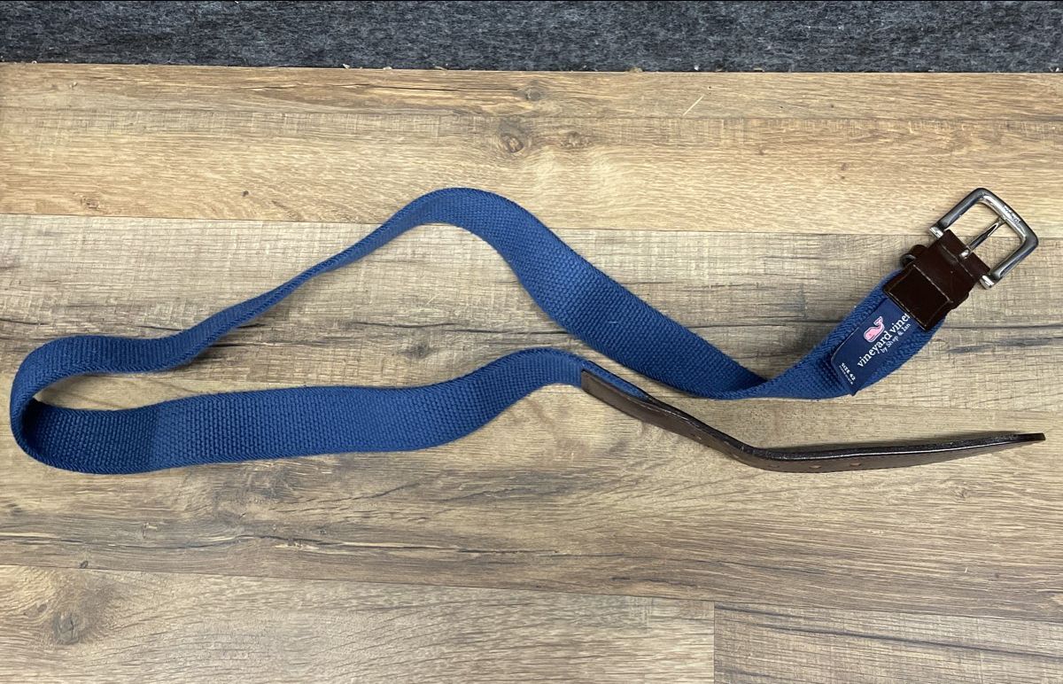 Vineyard Vines Men's Blue Brown Canvas Leather Webbing Belt Sz 42