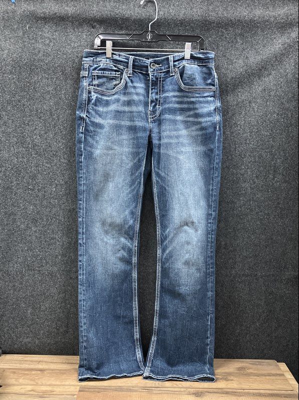 BKE Men's Aiden Straight Leg Blue Jeans Distressed Faded Whiskered Sz 32x32