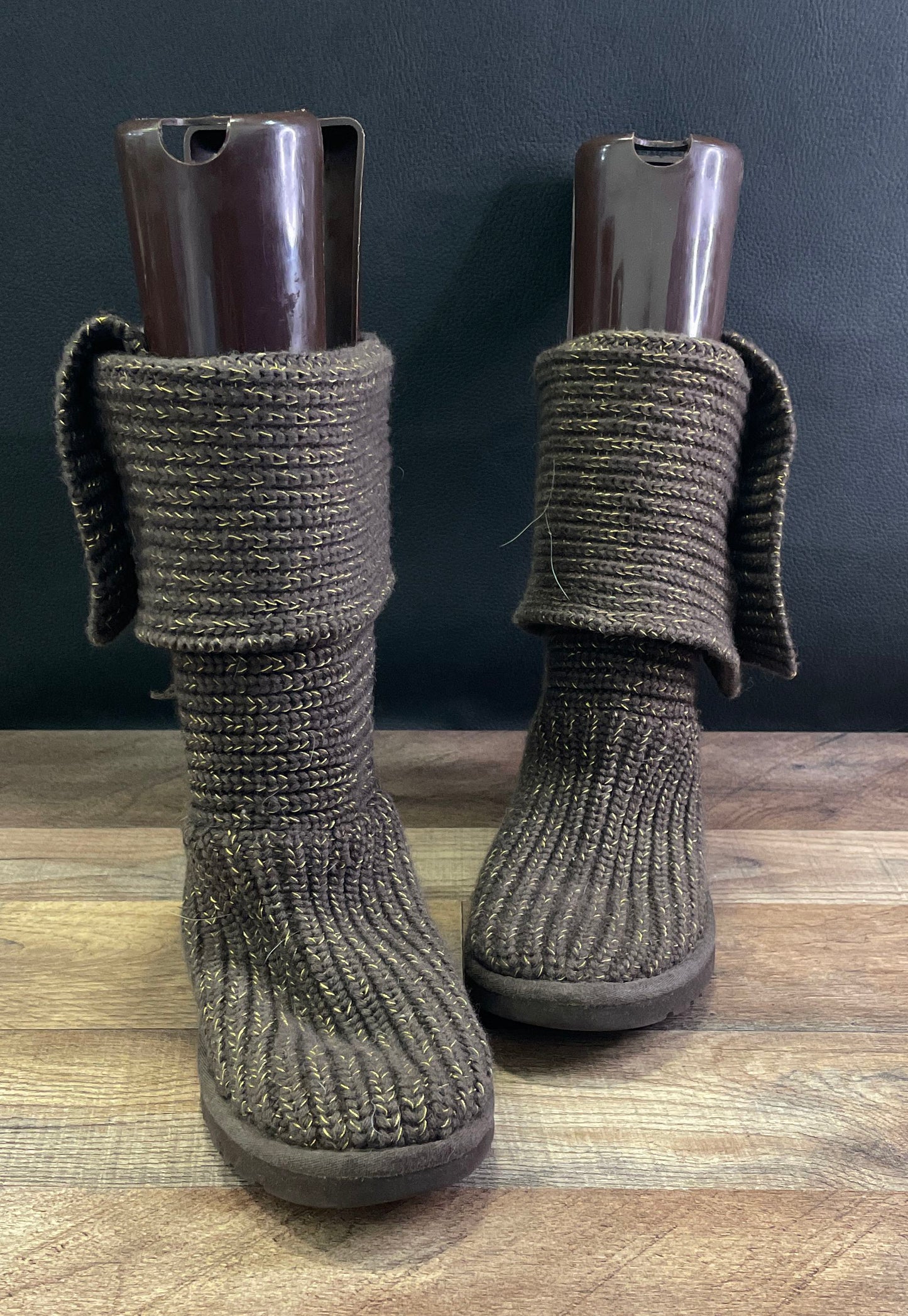 UGG Classic Cardy Brown Gold Metallic Knit Boots Women's Size 7