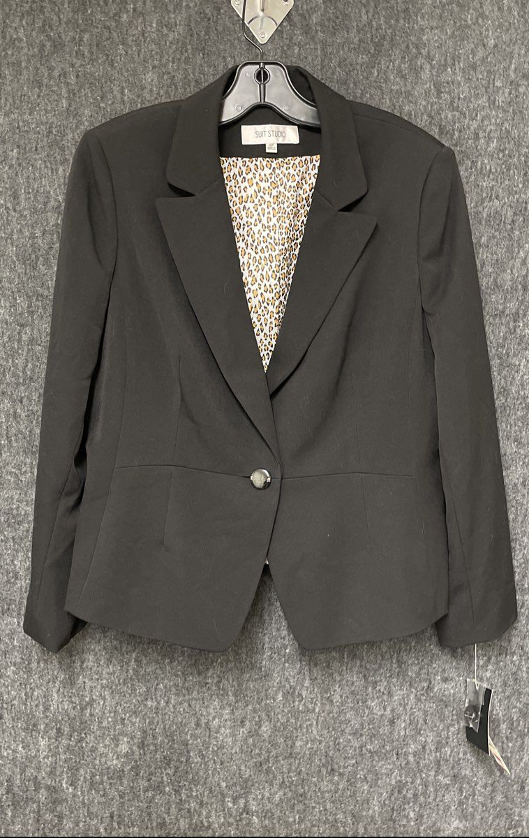 Suit Studio Women's Black Blazer Leopard Lining Single Button NWT Sz 14P