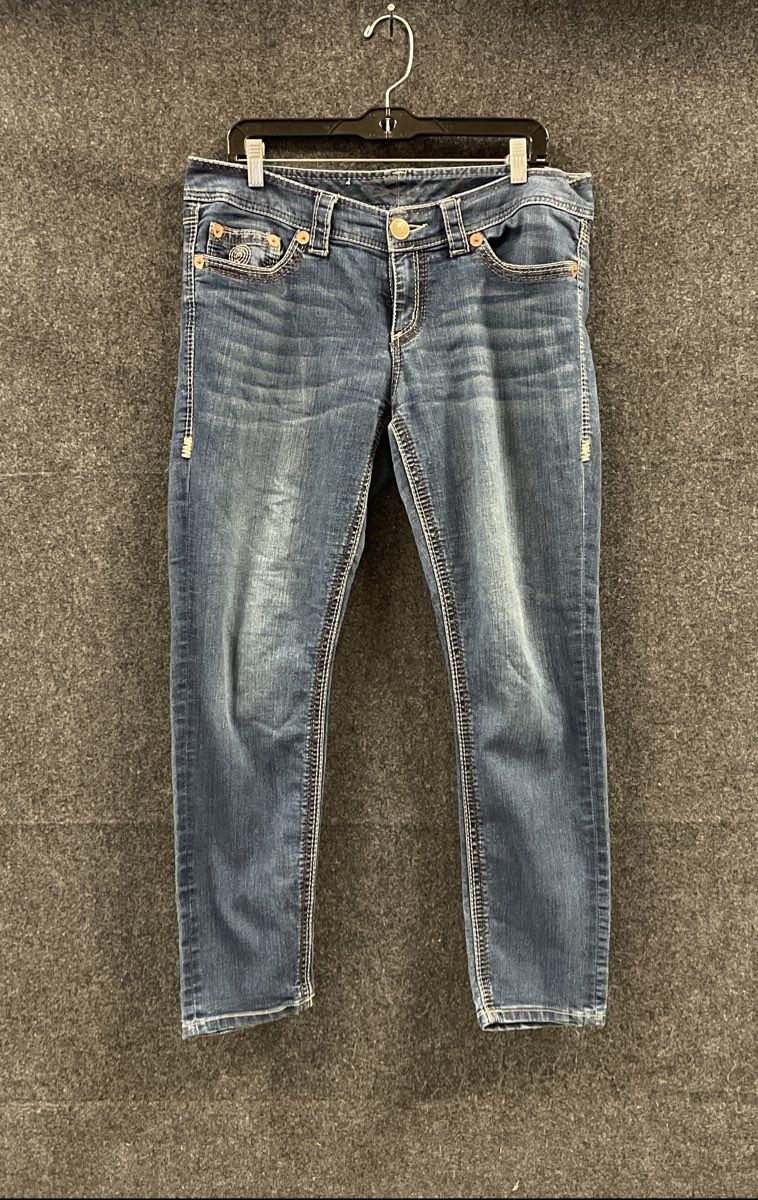 Seven7 Women's Blue Skinny Fit Jeans Whiskered Swirl Pocket Stitching Size 12