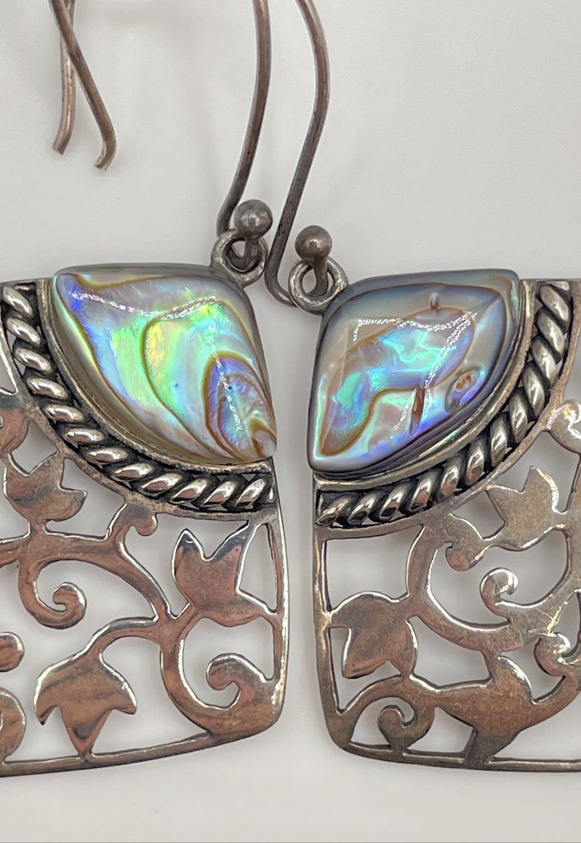 CFJ 925 Sterling Silver Abalone Filigree Dangle Earrings 5.2g