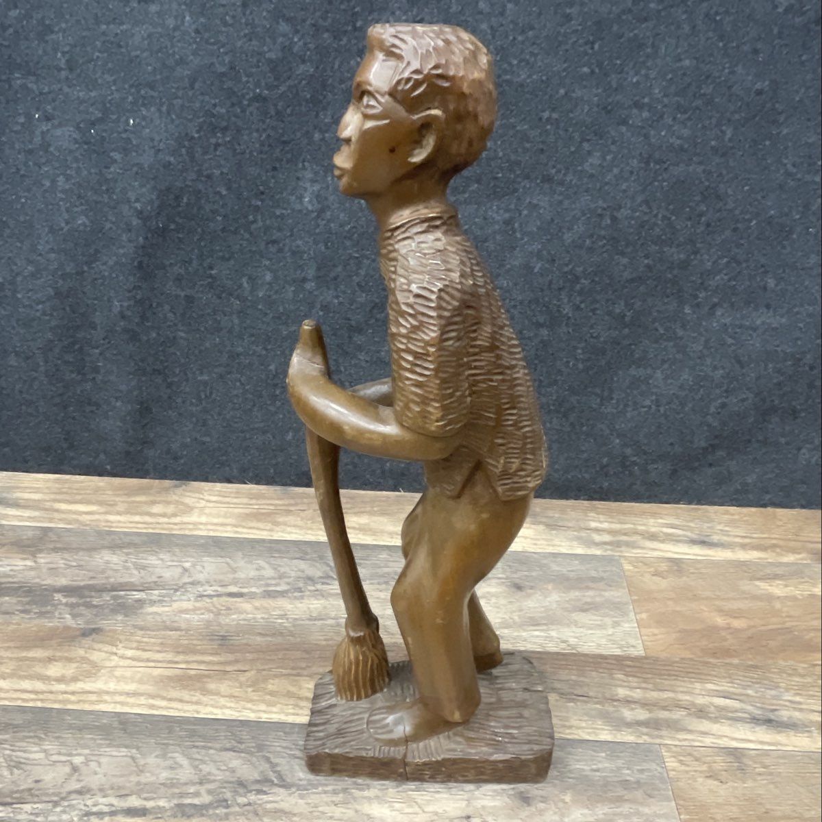 Unsigned Vintage Folk Art Hand Carved Wood Figure Man w/ Broom Statue 17" Tall