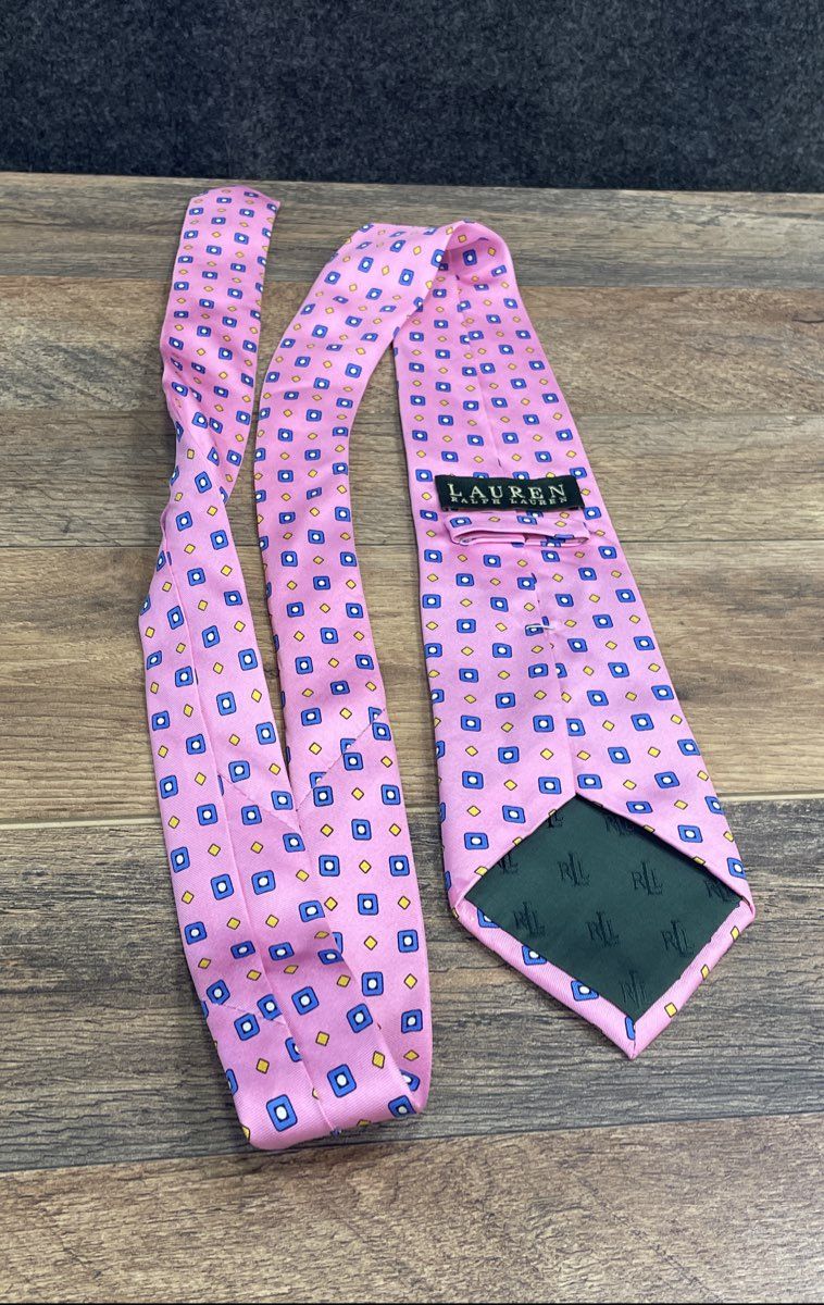 Lauren Ralph Lauren Men's Pink Blue Geometric Square Diamond Pattern Silk Tie
