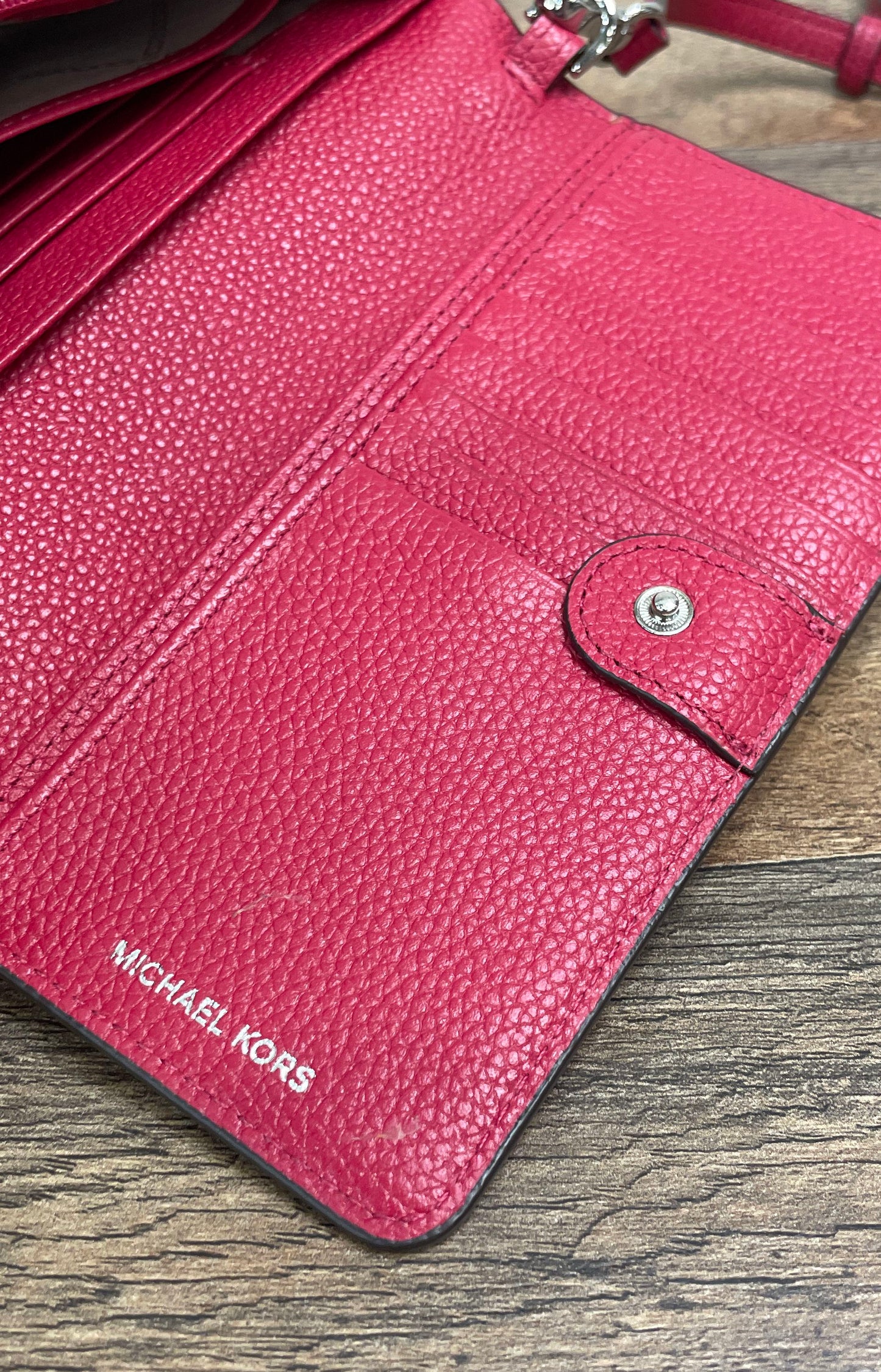 Michael Kors Pink Pebbled Leather Crossbody Wallet Bag Silver Hardware
