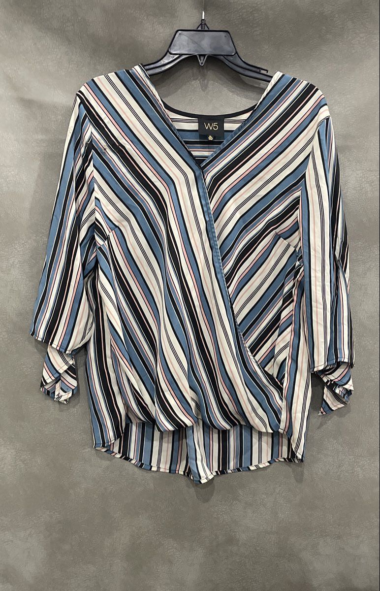 W5 Women's Blouse Blue White Pink Black Striped Wrap Front 3/4 Sleeve XL