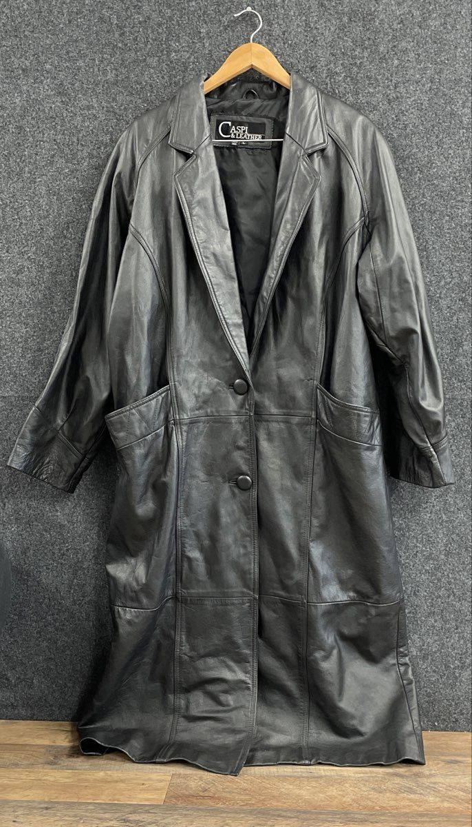 Vintage 90s Caspi & Leather Women's Black Paneled Leather Trench Coat Sz L