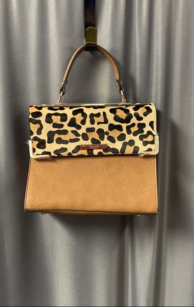 Dune London Tan Leopard Print Satchel Bag with Strap & Wallet Gold Hardware