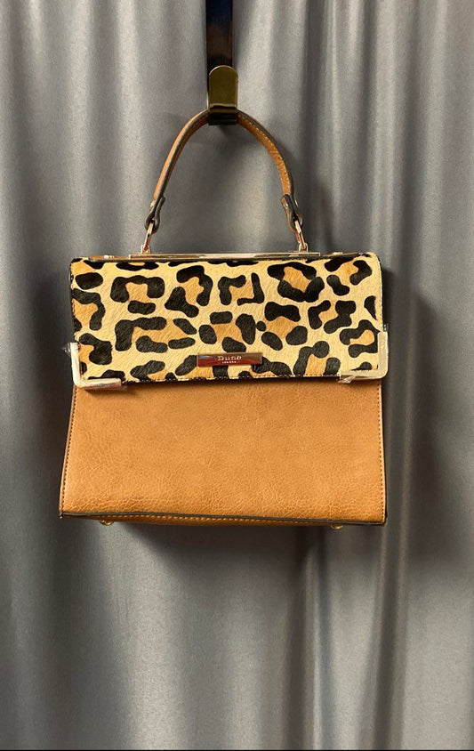 Dune London Tan Leopard Print Satchel Bag with Strap & Wallet Gold Hardware