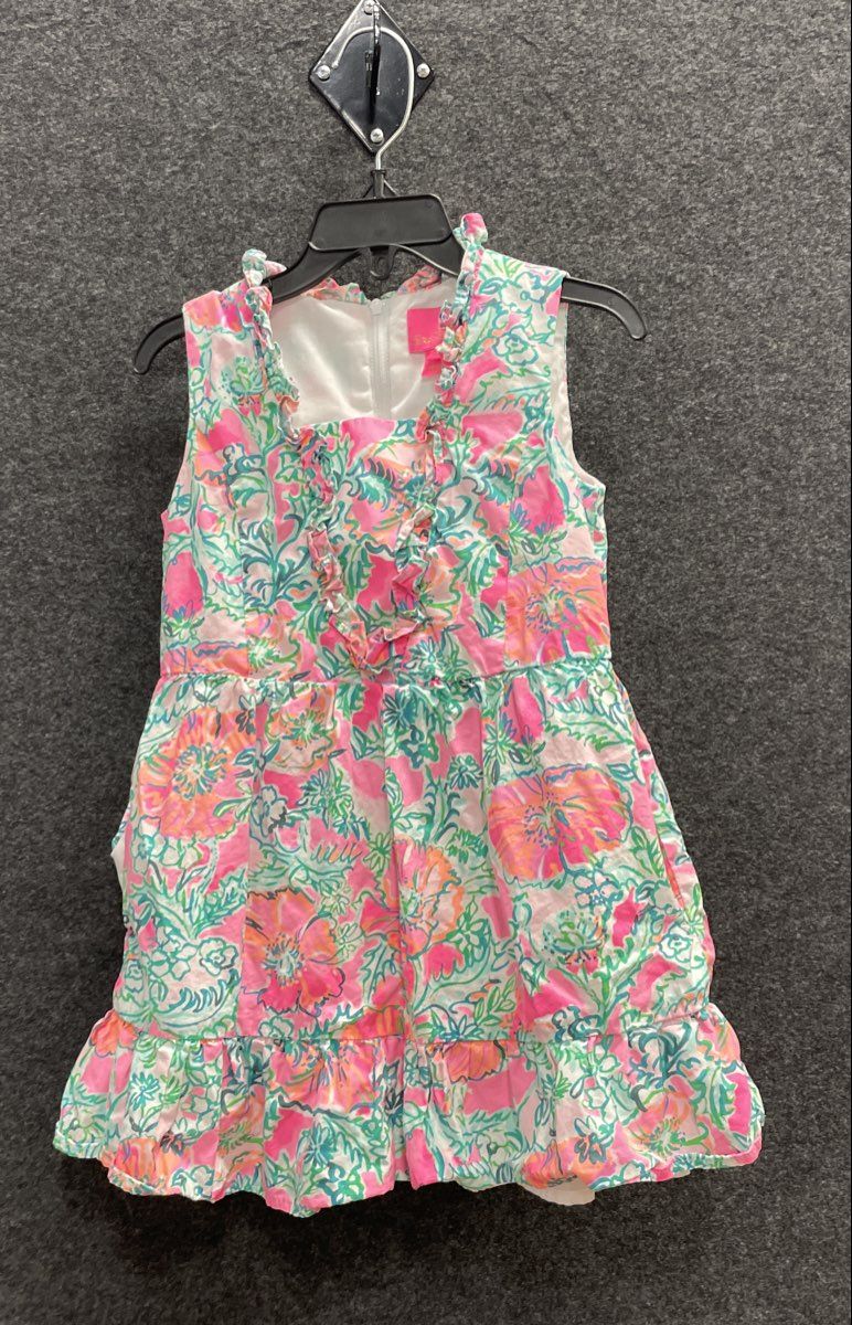 Lilly Pulitzer Girls Dress Pink Teal Floral Print Ruffle Neck Tiered Sz 5