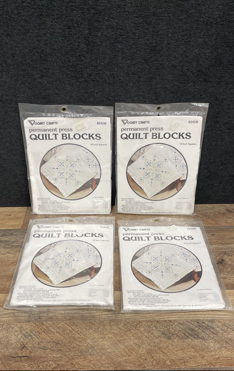 Vintage Vogart Crafts Stamped Quilt Blocks Daisy Triangles 18 Inch Sq Lot of 4
