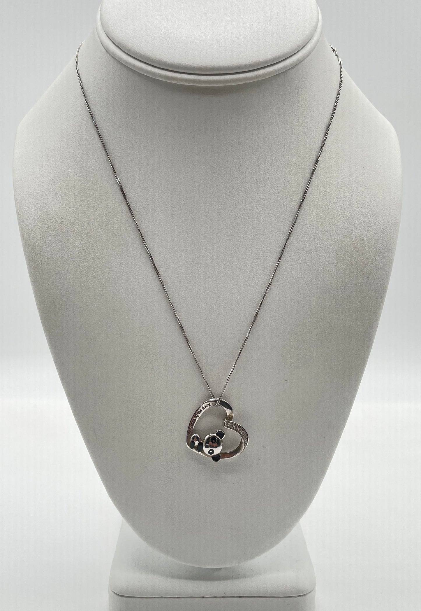 925 Sterling Silver Panda Heart w/ CZ Accents Pendant Necklace 4.3g