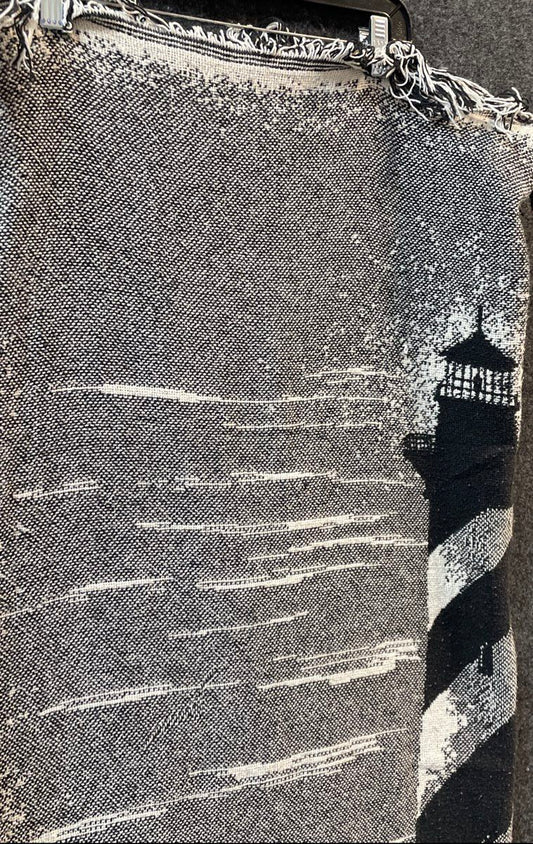 Vintage Cape Hatteras Lighthouse Tapestry Throw Blanket Fringe Outer Banks NC