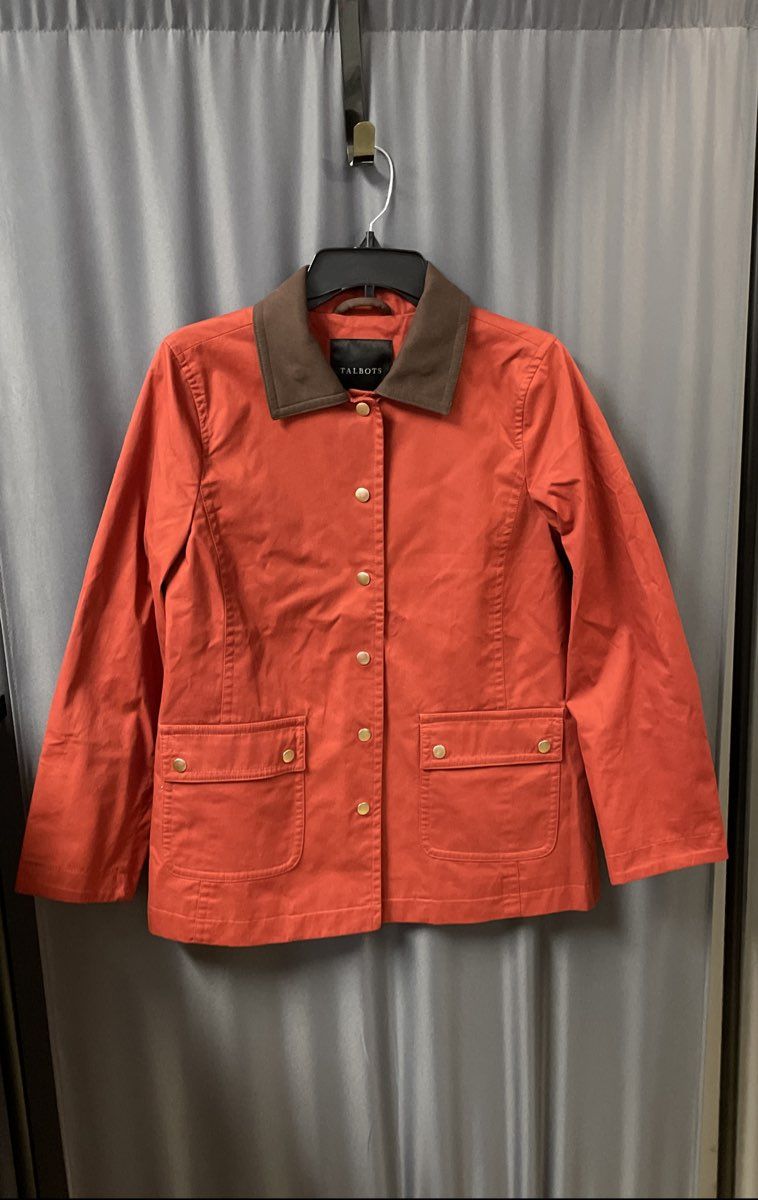 Talbots Women's Rust Orange Cotton Barn Coat Brown Faux Leather Collar Sz S