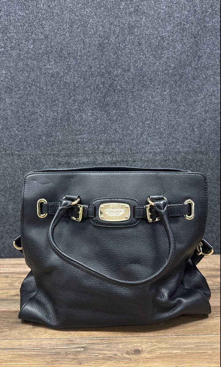 Michael Kors Black Pebbled Leather Hamilton Satchel Tote Bag Gold Hardware