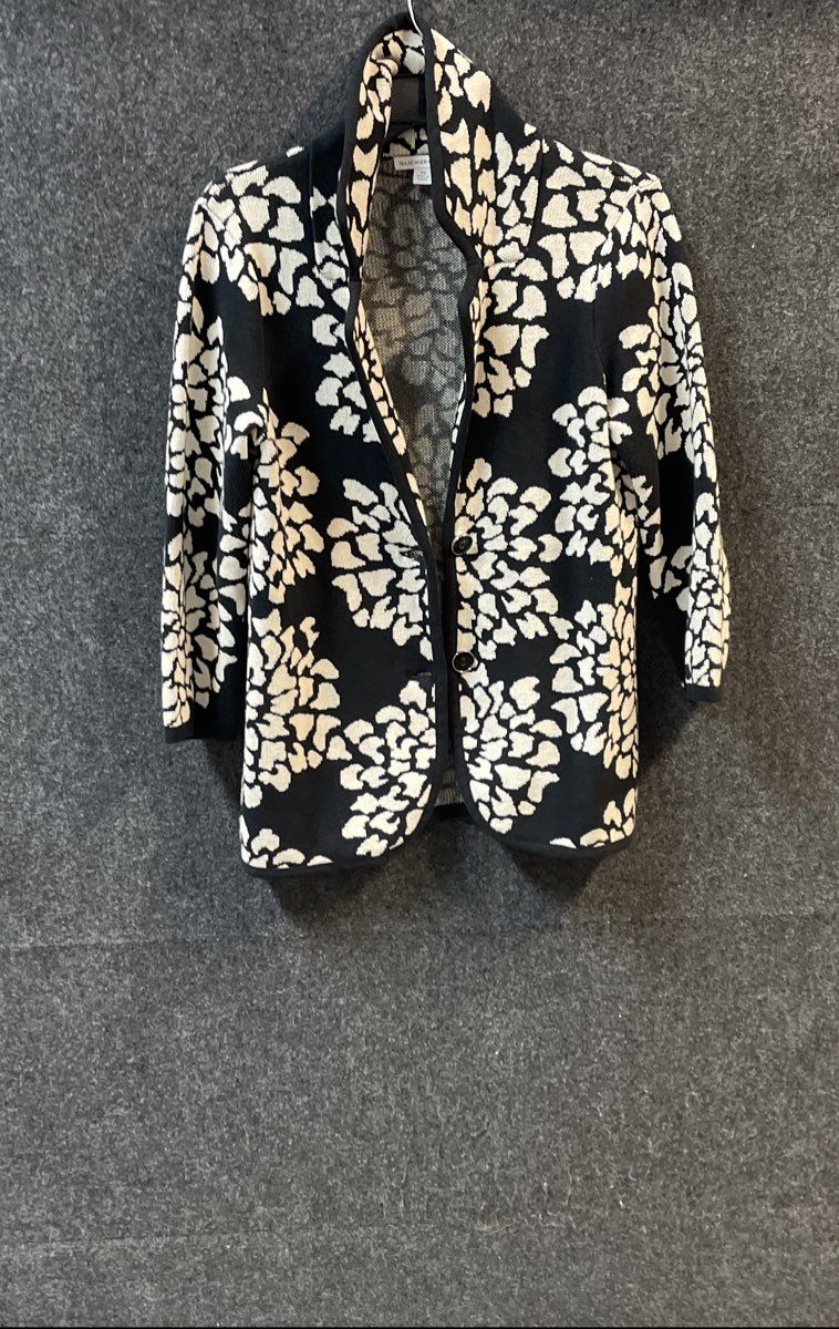 Isaac Mizrahi Live! Women's Black White Floral Cotton Cardigan Sweater Sz XS