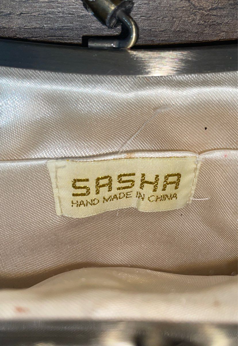 Vintage Sasha Brown Lace Evening Clutch Coin Purse Bag Rhinestone Kiss Lock