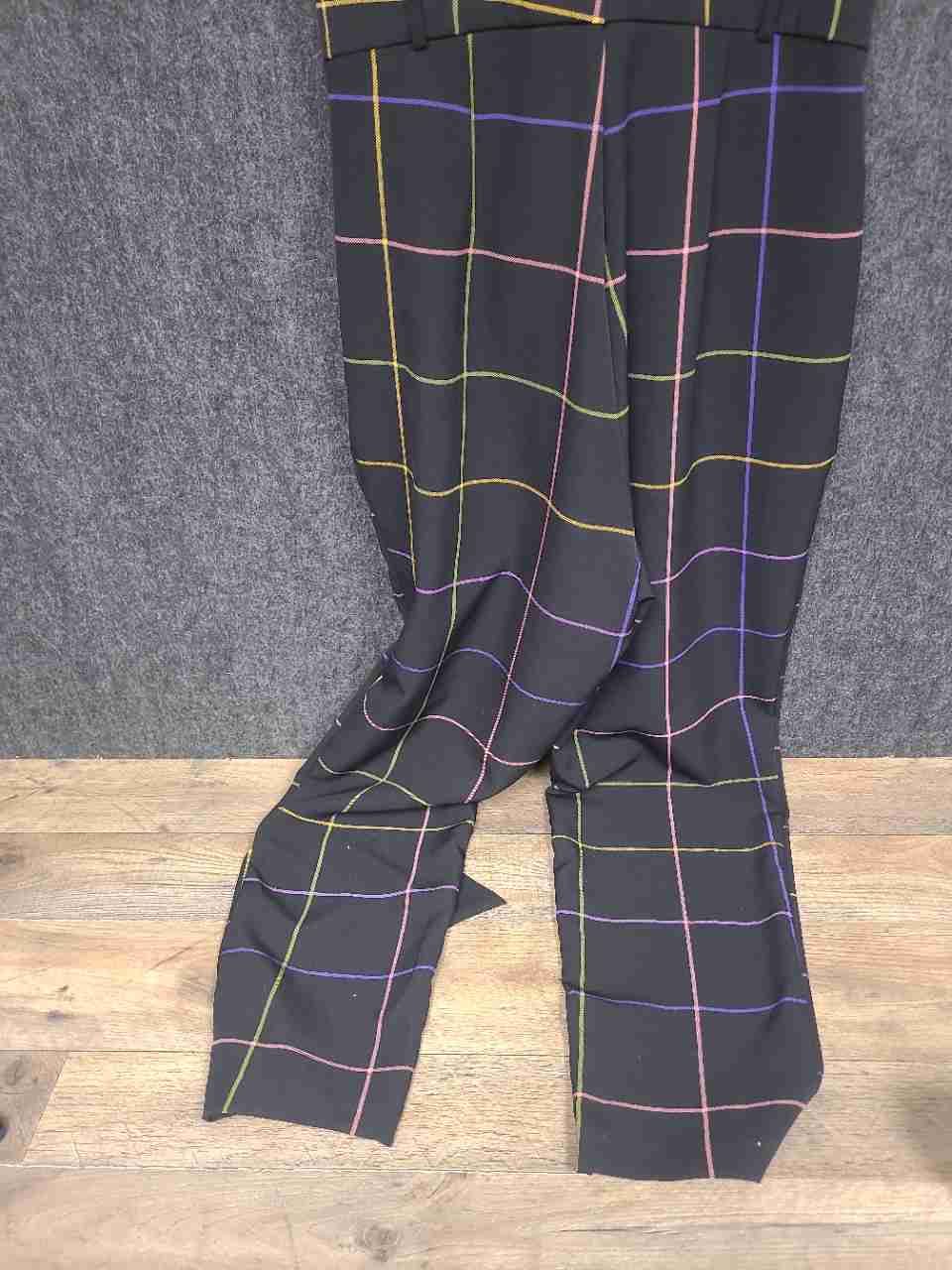 New York & Co Women's Black Multicolor Grid Plaid Puff Sleeve Jumpsuit Sz L