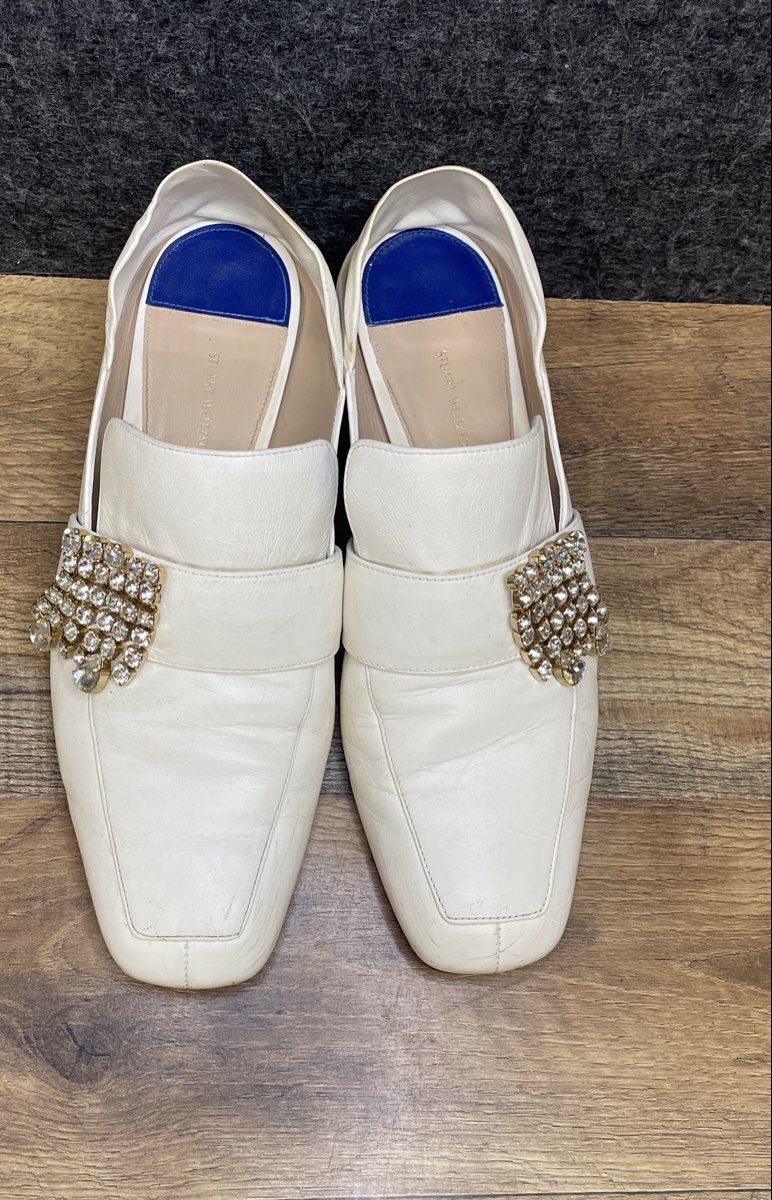 Vintage Stuart Weitzman White Leather Crystal Embellished Loafer Mules Size 9