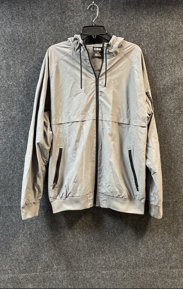 CSG Men's Grey Full Zip Hooded Windbreaker Jacket Nylon Cotton Blend Sz L