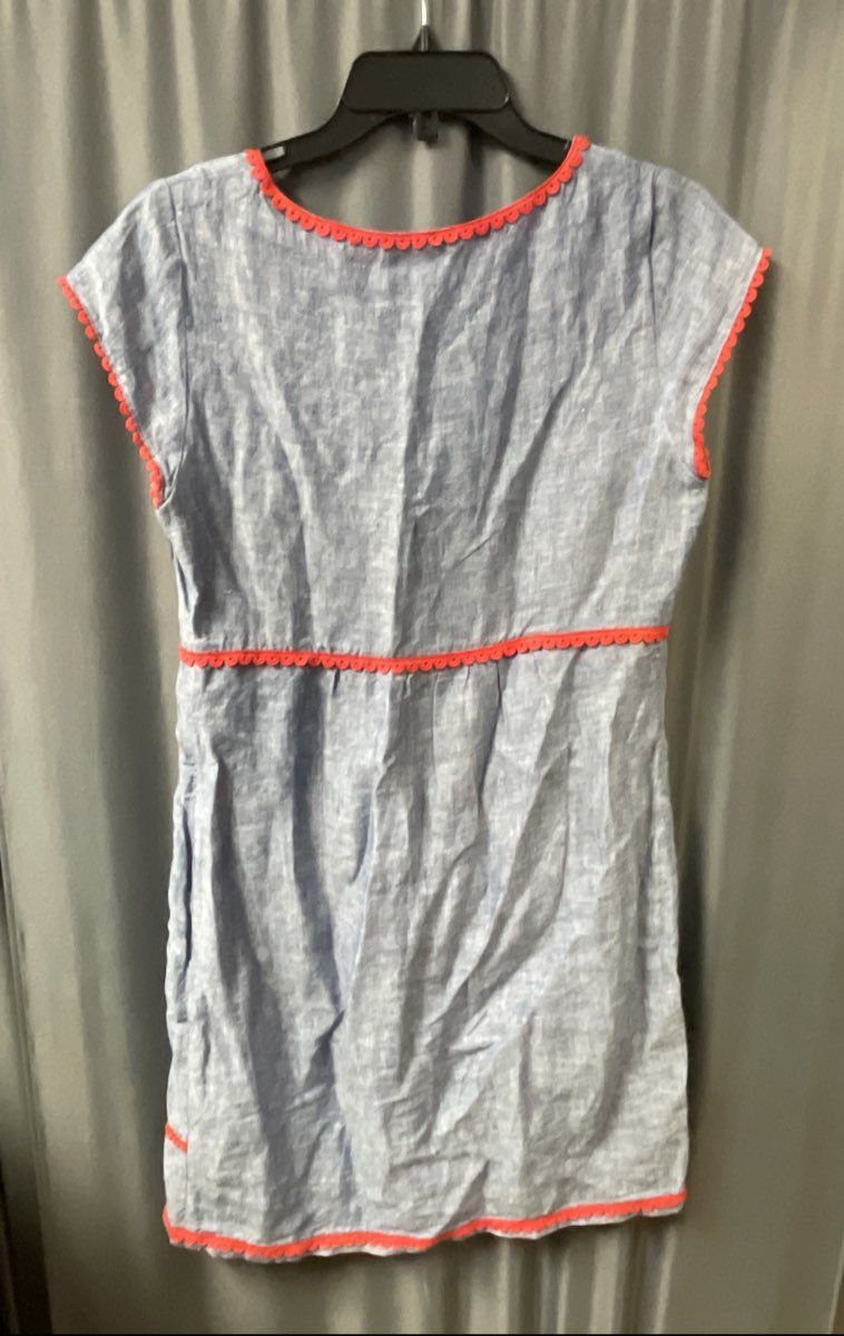 Boden Women's Blue Red Floral Embroidered Scallop Trim Linen Dress Sz 2R