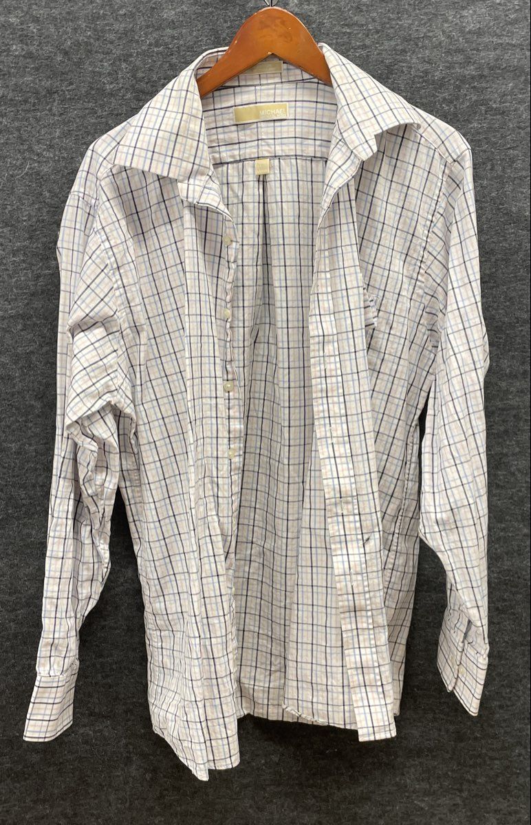 Michael Kors Men's White Blue Tan Plaid LS Button Down Shirt Sz 16.5 34/35