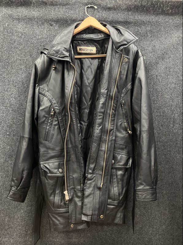 Vintage 90s Prestige Men's Black Leather Hooded Quilted Parka Jacket Sz L