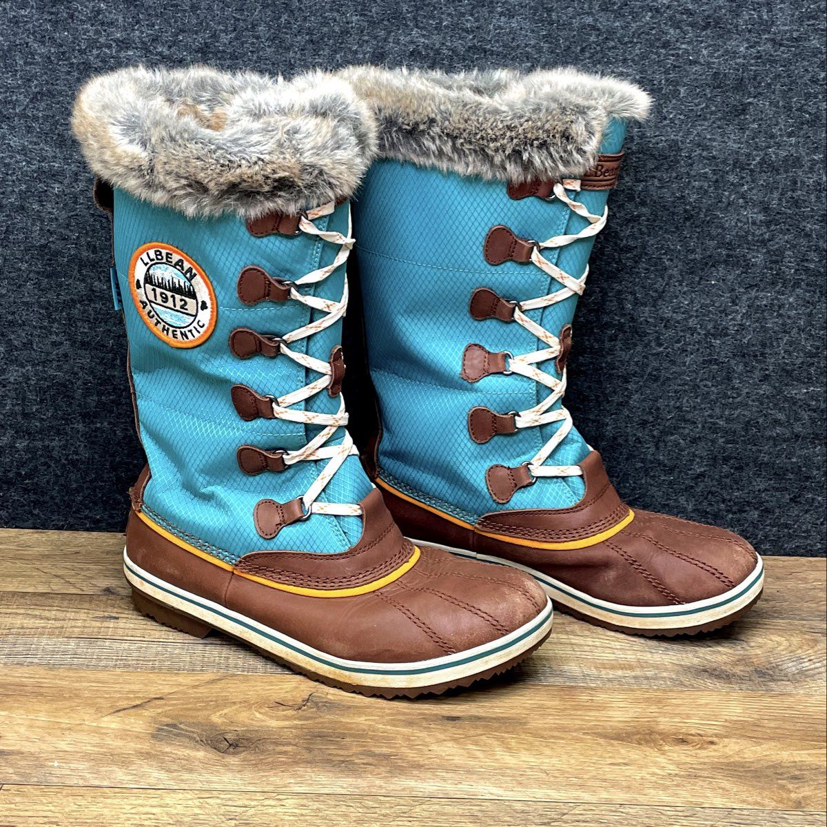 LL Bean Wildcat Boots Teal Brown Waterproof Faux Fur Snow Boots Women's Size 10
