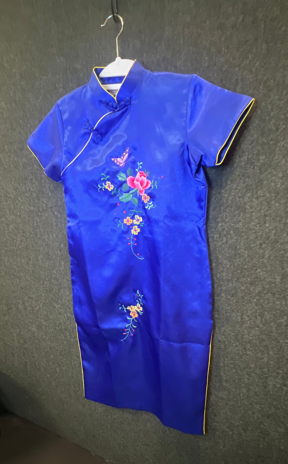 Cangri Women's Blue Satin Floral Embroidered Cheongsam Qipao Dress Sz XL