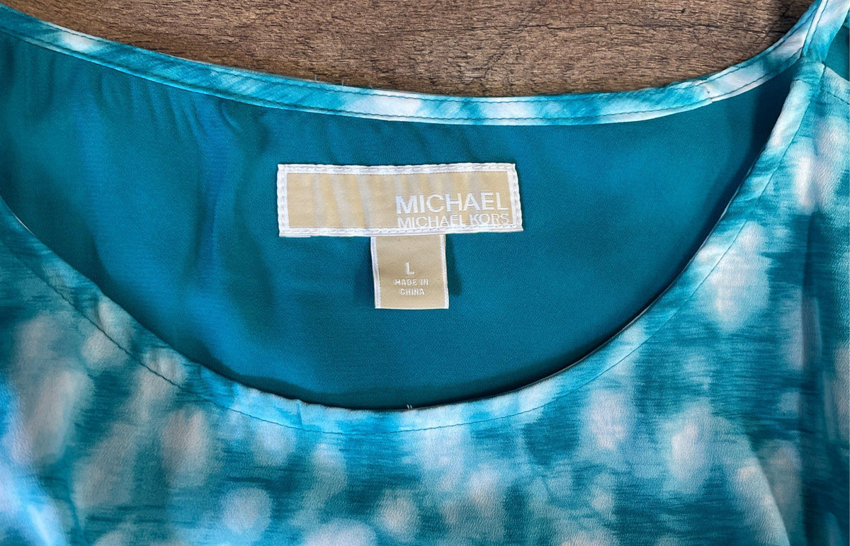 Michael Kors Women's Cold Shoulder Tie Waist Ruched Sleeve Blue Print Dress Sz L